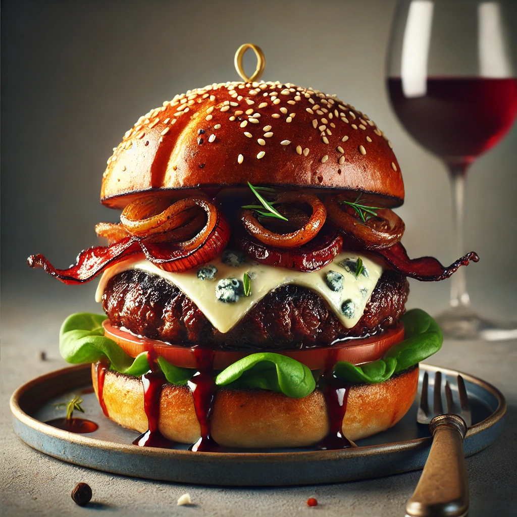 Gazdag burger kéksajttal és vörösborral ízesítve