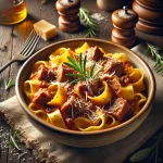 Wild boar ragu with pappardelle served in a rustic plate.