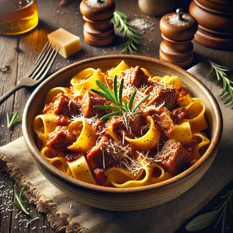 Wild boar ragu with pappardelle served in a rustic plate.