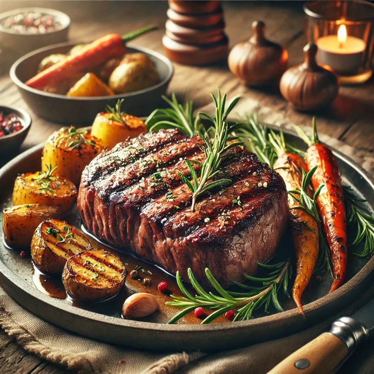 Yak steak served with roasted vegetables and garnished with rosemary