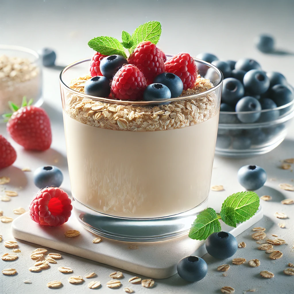 Krémes zabtejszínes panna cotta friss gyümölcsökkel és zabpehellyel díszítve