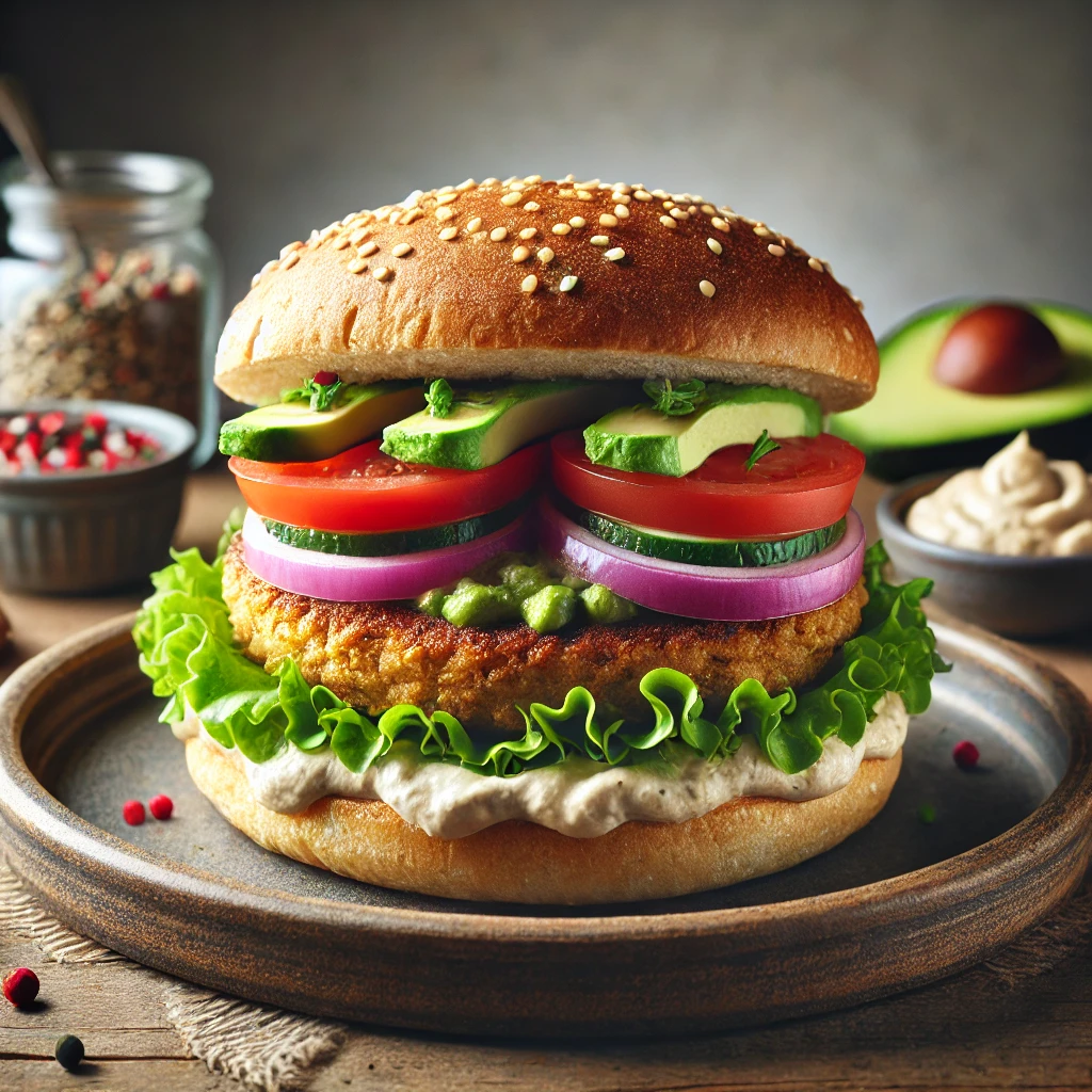 Egészséges burger vegán alapanyagokból, hummusszal és avokádókrémmel