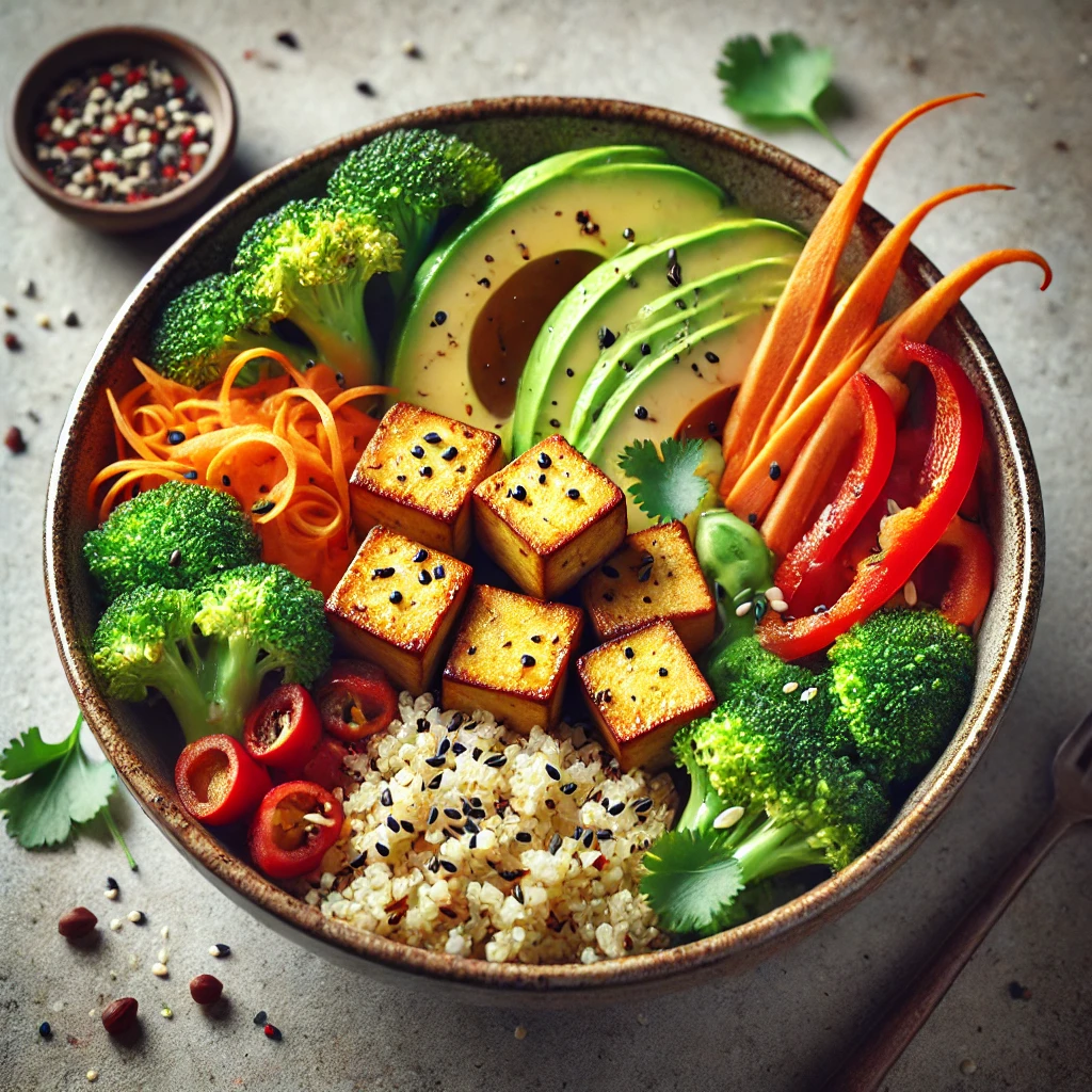 Egészséges és ízletes tofu Buddha-tál friss korianderrel