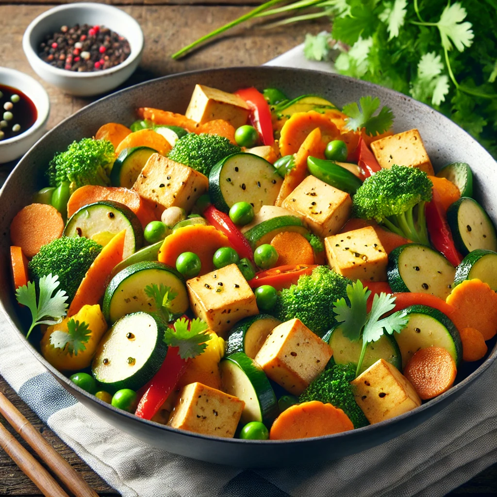Ízletes tofu és zöldségek wokban, friss korianderrel