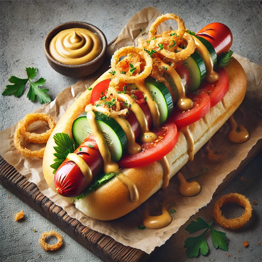 Friss zöldségekkel és házi majonézzel tálalt hot dog