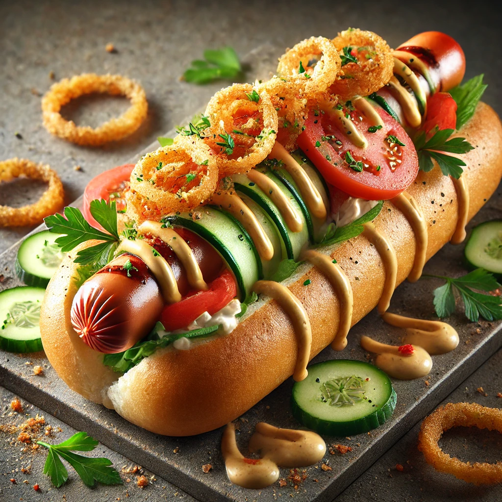 Friss zöldségekkel tálalt séf különleges hot dog