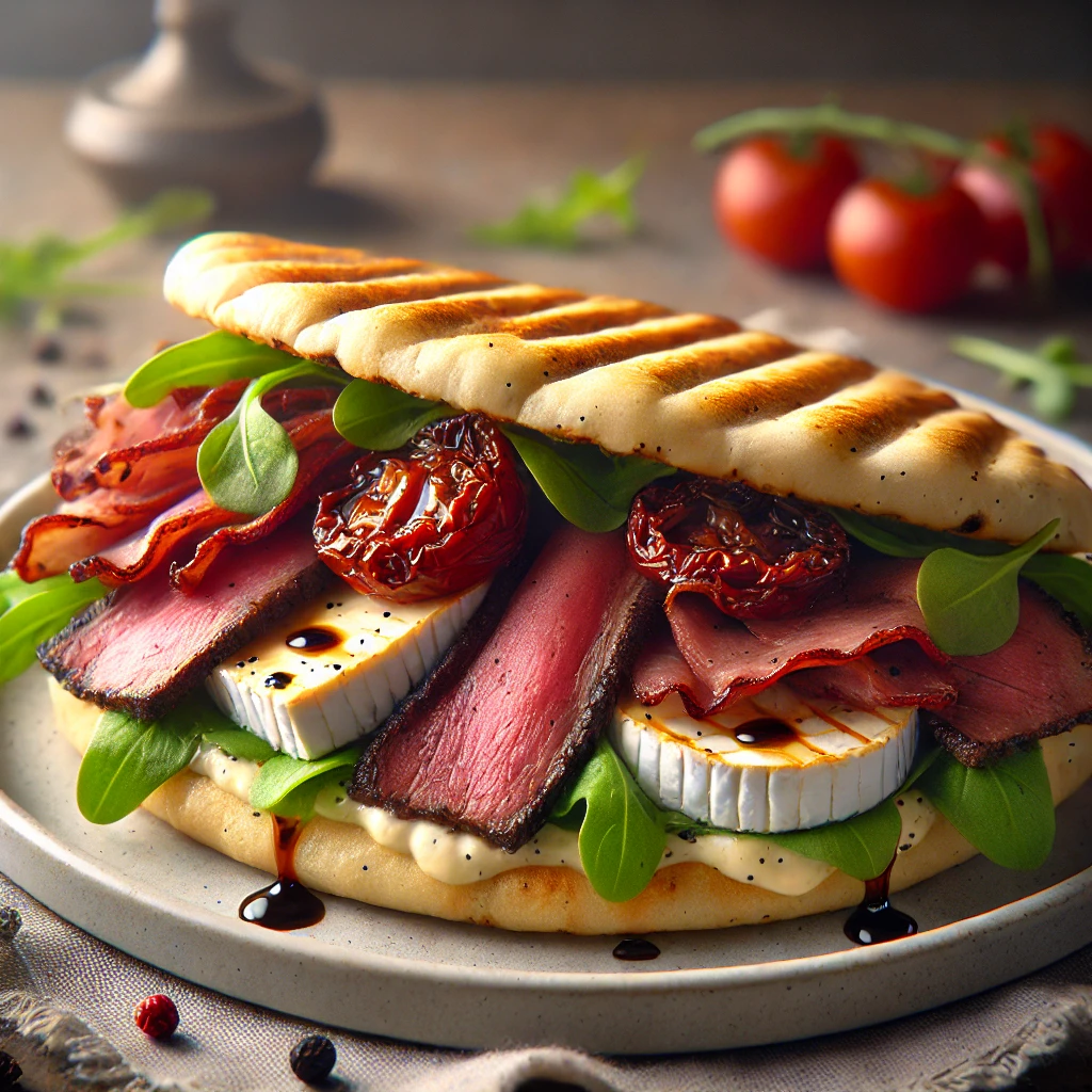Prémium pita kenyér töltve marhahússal, füstölt kacsával, camembert sajttal és friss rukkolával
