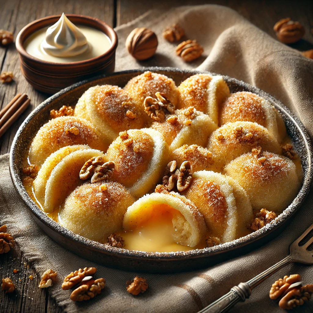 Klasszikus aranygaluska recept vaníliasodóval és diós tésztarétegekkel.