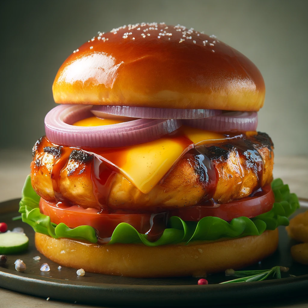 Füstös ízvilágú, grillezett BBQ csirkés hamburger otthon
