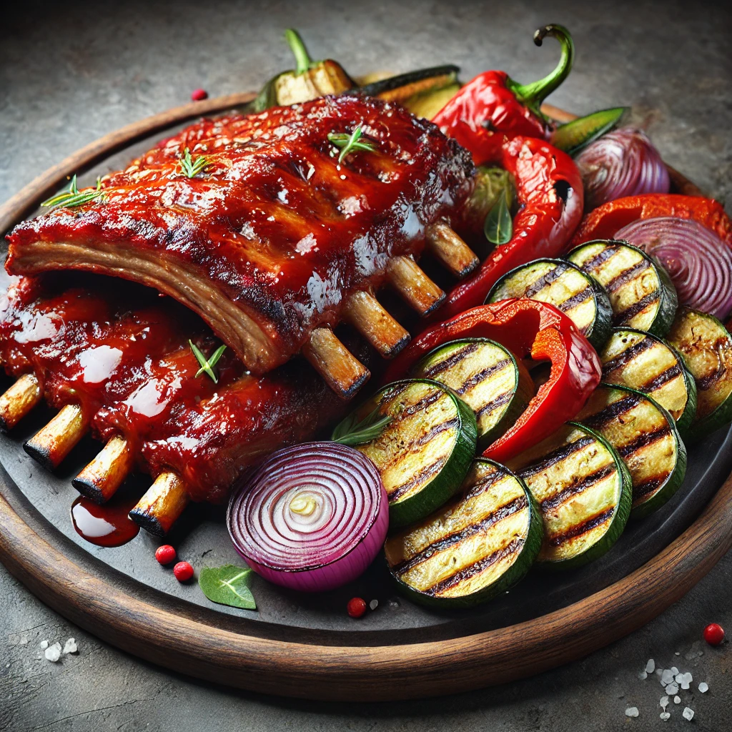 Szaftos BBQ oldalas ropogós grillezett zöldségekkel