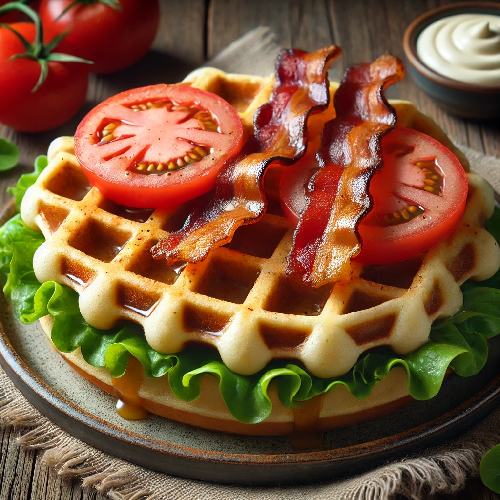Sós gofri bacon, paradicsom és saláta kombinációjával