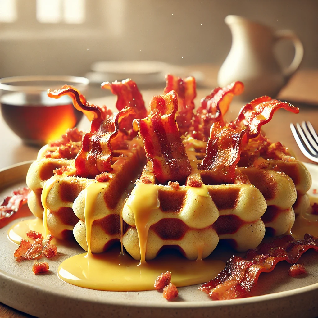 Sós gofri ropogós baconnel, sajttal és opcionálisan juharsziruppal tálalva