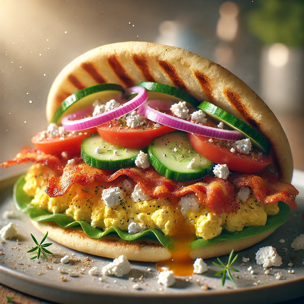 Puhára sült pita kenyér ropogós baconnel, rántottával és feta sajttal