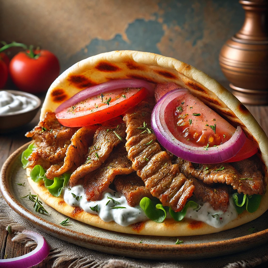 Házi készítésű pita gyros sült báránnyal és tzatzikivel