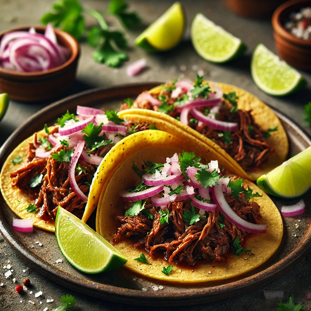 Autentikus mexikói Barbacoa Taco lassan főtt marhahússal és friss zöldségekkel