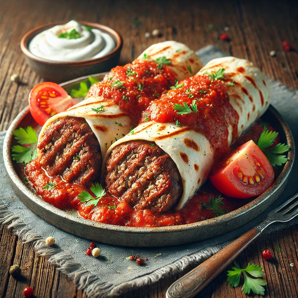 Autentikus török Beyti Kebab lavash kenyérrel és paradicsomszósszal