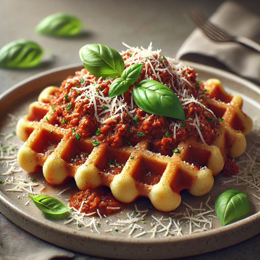 Sós gofri darált húsos bolognai raguval és parmezán sajttal tálalva