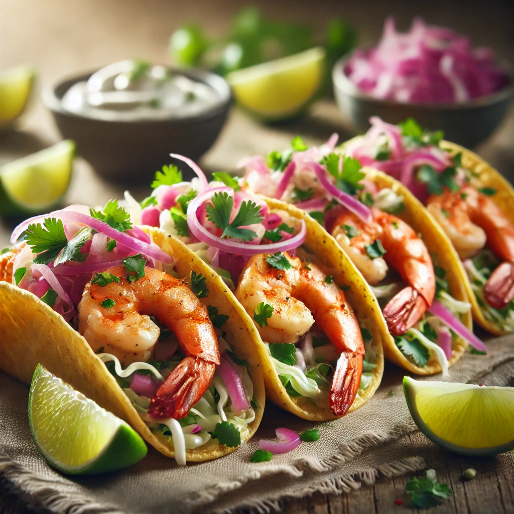Autentikus mexikói Camaron Taco grillezett garnélával és friss zöldségekkel