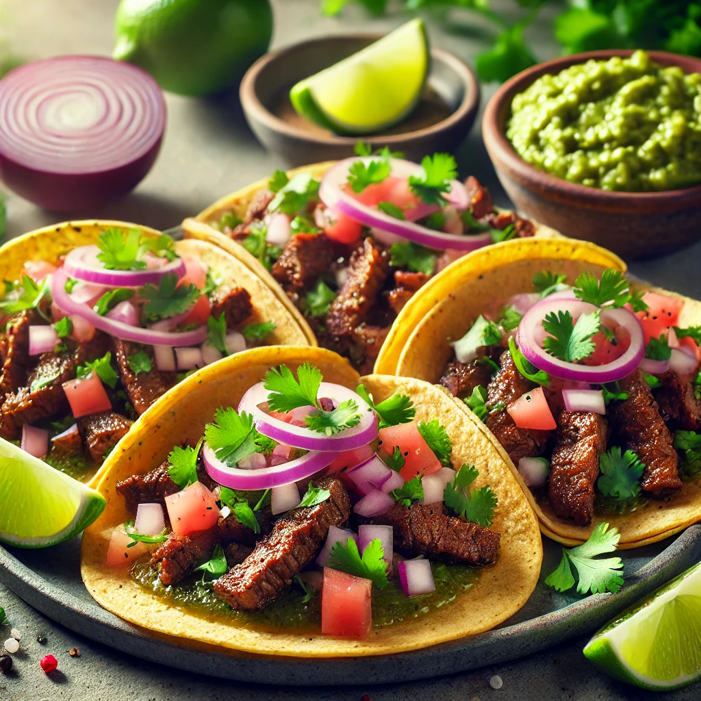 Autentikus mexikói Carne Asada Taco grillezett marhahússal és friss zöldségekkel