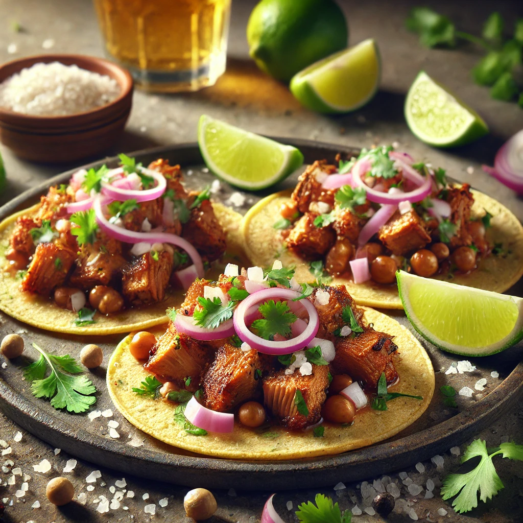Autentikus mexikói Carnitas Taco lassan főtt sertéshússal és friss zöldségekkel