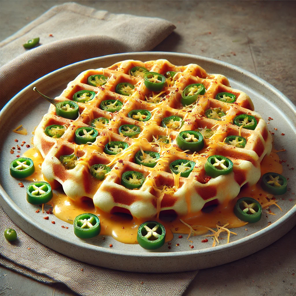 Sós gofri cheddar sajttal és jalapeno paprikával tálalva