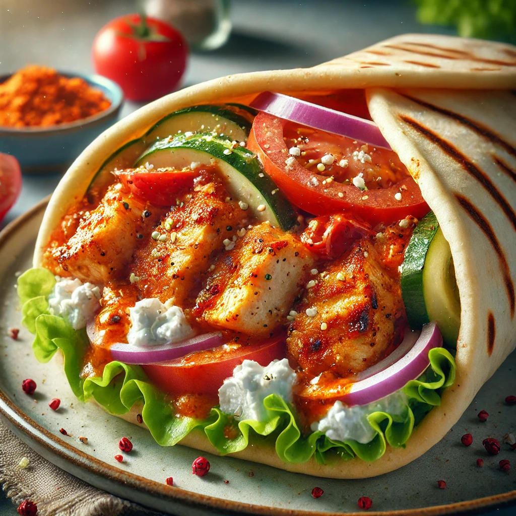 Autentikus görög csípős gyros fűszeres csirkével, feta sajttal és pikáns tzatziki szósszal