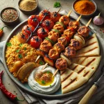 Csípős Kebab Variációk grillezett húsokkal, humusszal és joghurtos szósszal