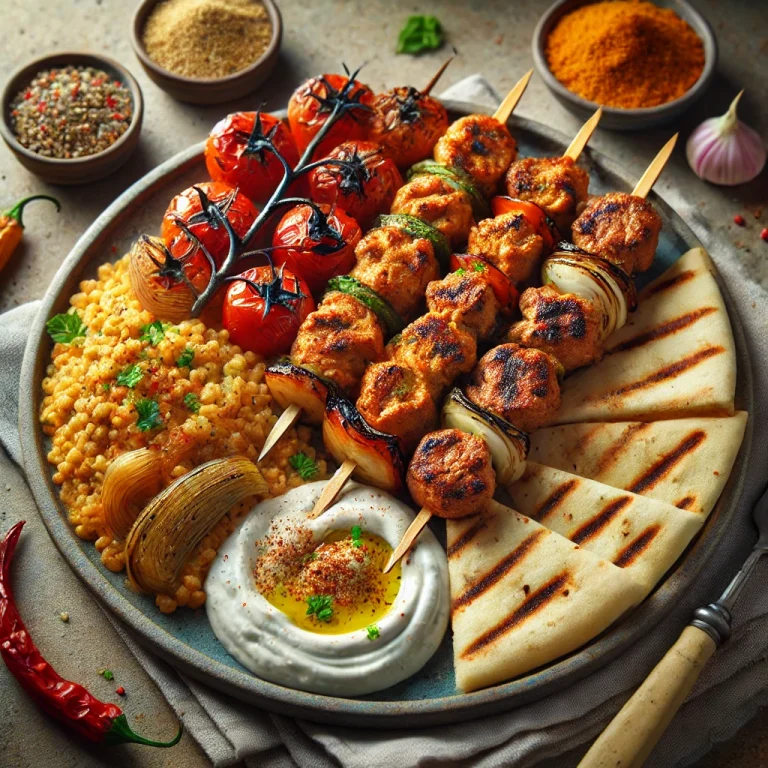 Csípős Kebab Variációk grillezett húsokkal, humusszal és joghurtos szósszal