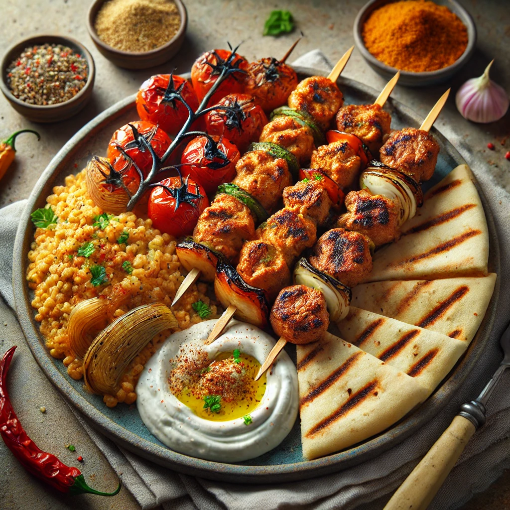 Különleges Csípős Kebab Variációk grillezett húsokkal és fűszeres köretekkel