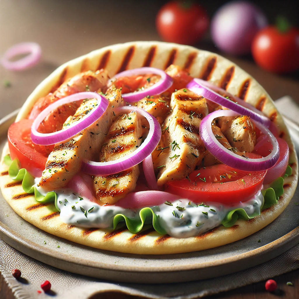 Házi készítésű pita gyros sült csirkével és tzatzikivel
