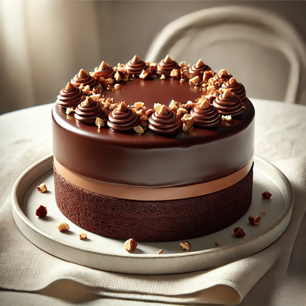 Gazdag csokoládétorta ropogós mogyorós díszítéssel