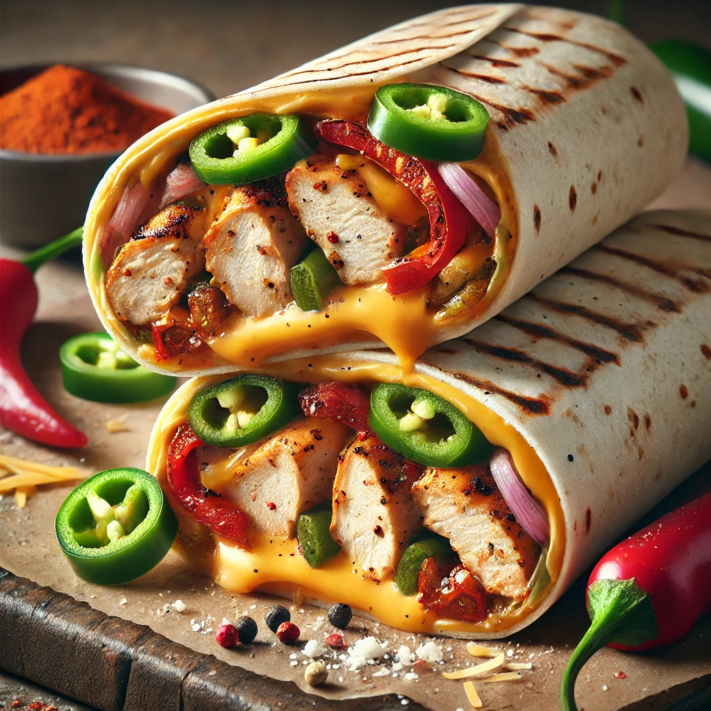 Tüzes és fűszeres csirkés wrap cheddar sajttal és jalapeño paprikával