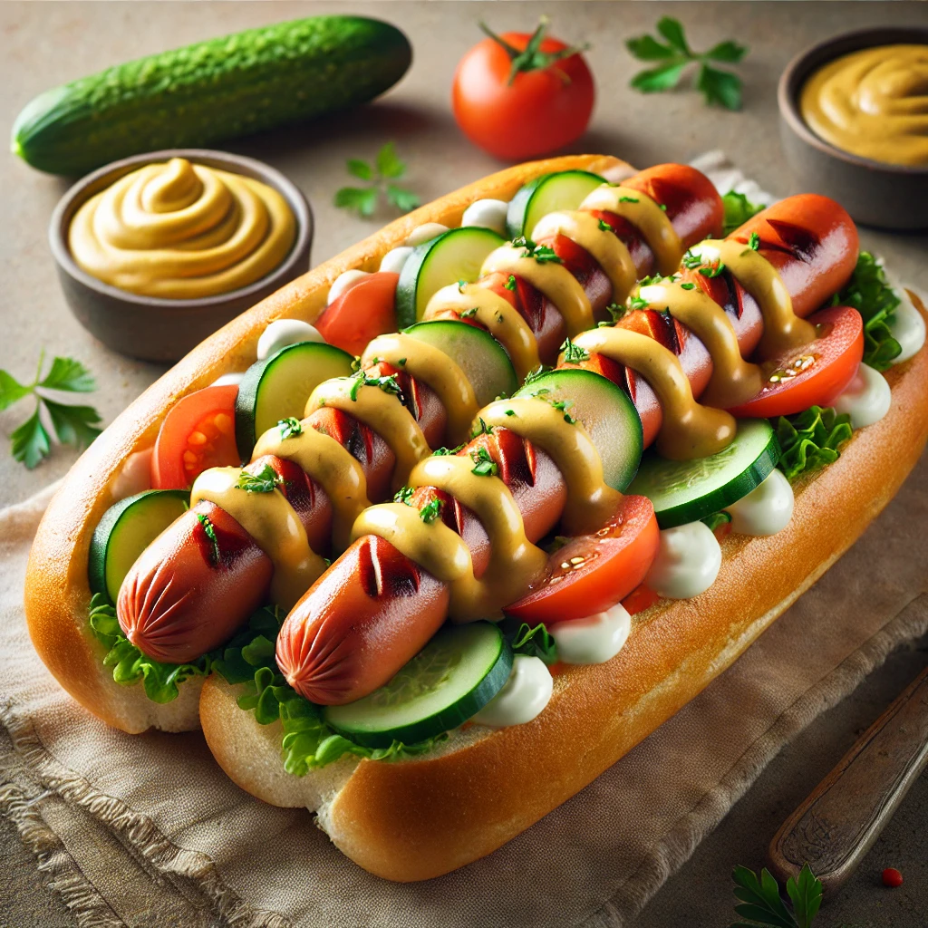 Friss zöldségekkel és házi majonézzel tálalt dupla hot dog
