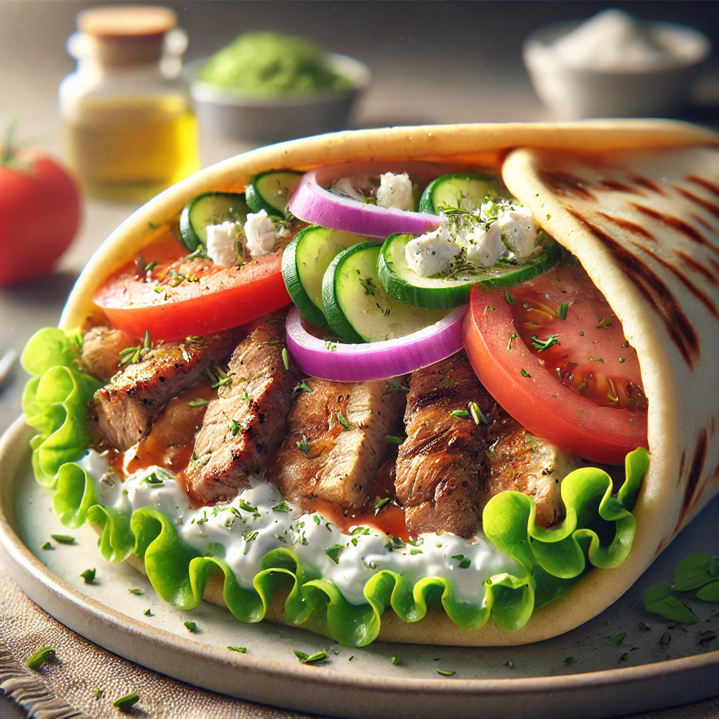 Autentikus görög dupla húsos gyros pácolt csirkével, marhahússal és feta sajttal
