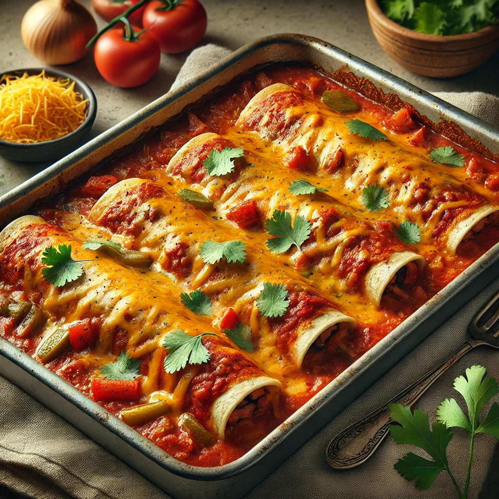 Fűszeres csirkés enchilada paradicsomszósszal és olvadt sajttal