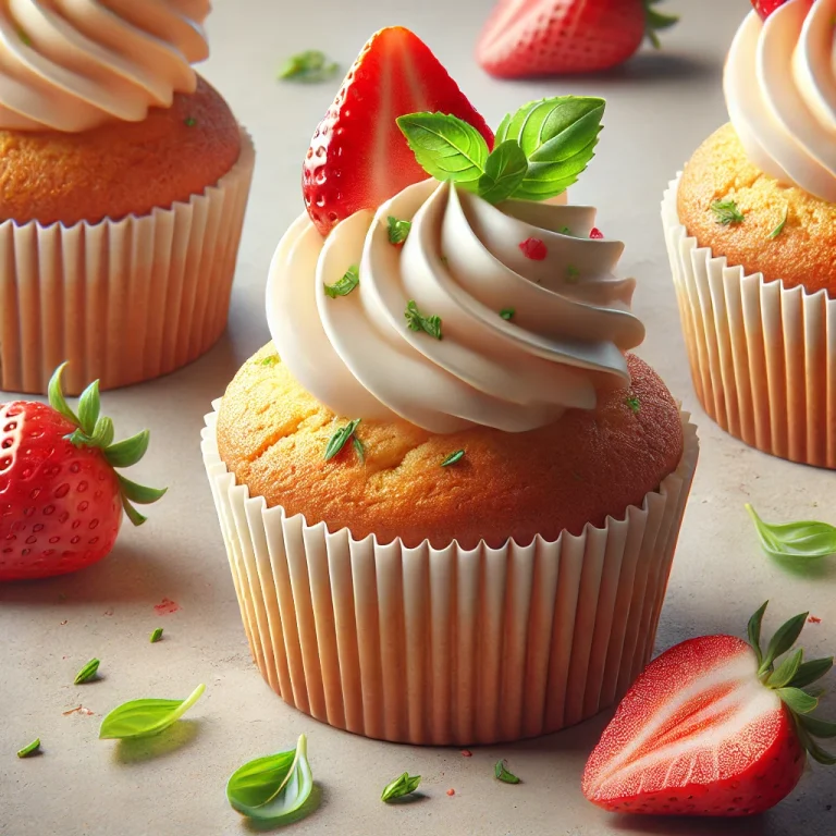 Frissen sült epres-bazsalikomos cupcake