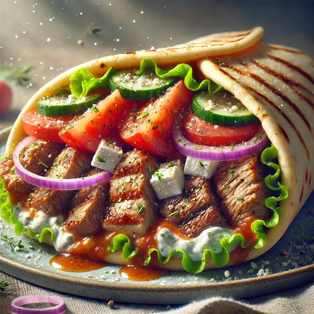 Autentikus görög extra húsos gyros pácolt csirkével, marhahússal, bárányhússal és feta sajttal