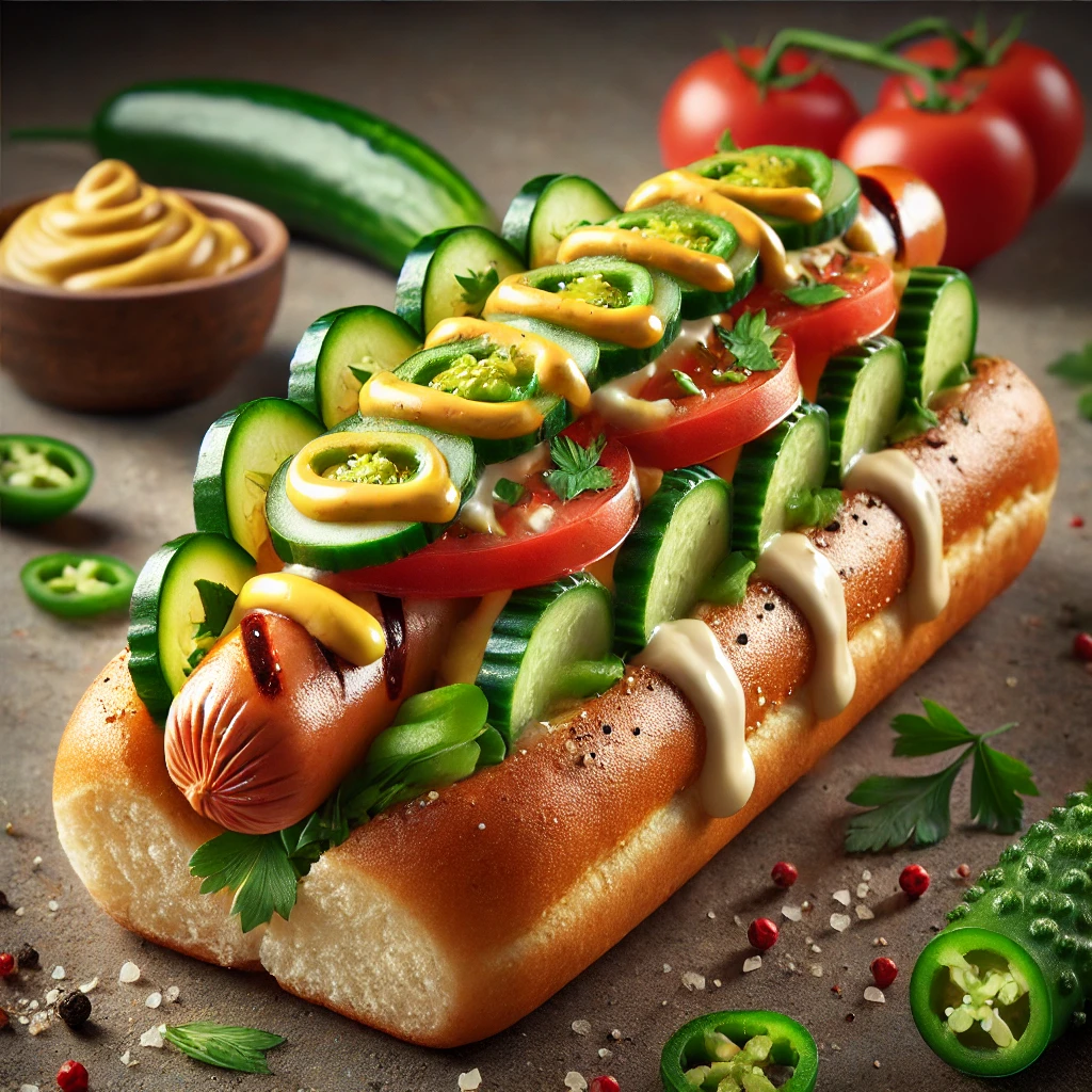 Friss zöldségekkel és jalapeño paprikával tálalt hot dog