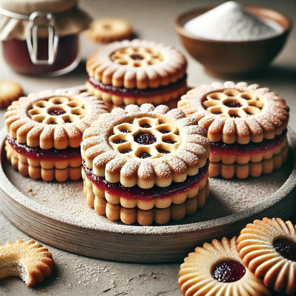 Omlós mézes linzer sütemény fahéjas ízesítéssel és lekvárral