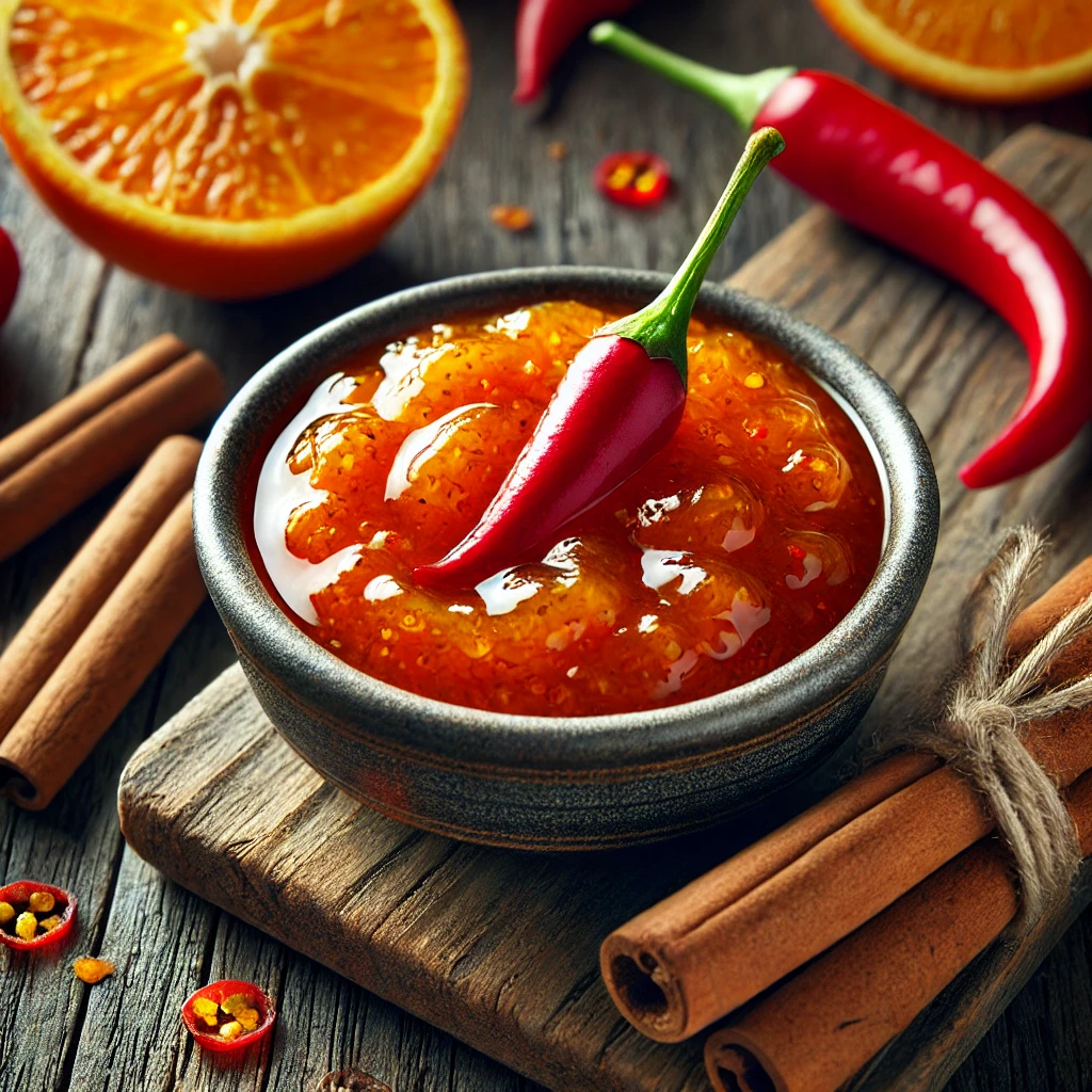 PikÃ¡ns, Ã©des chutney narancs, chili Ã©s fahÃ©j kombinÃ¡ciÃ³jÃ¡val