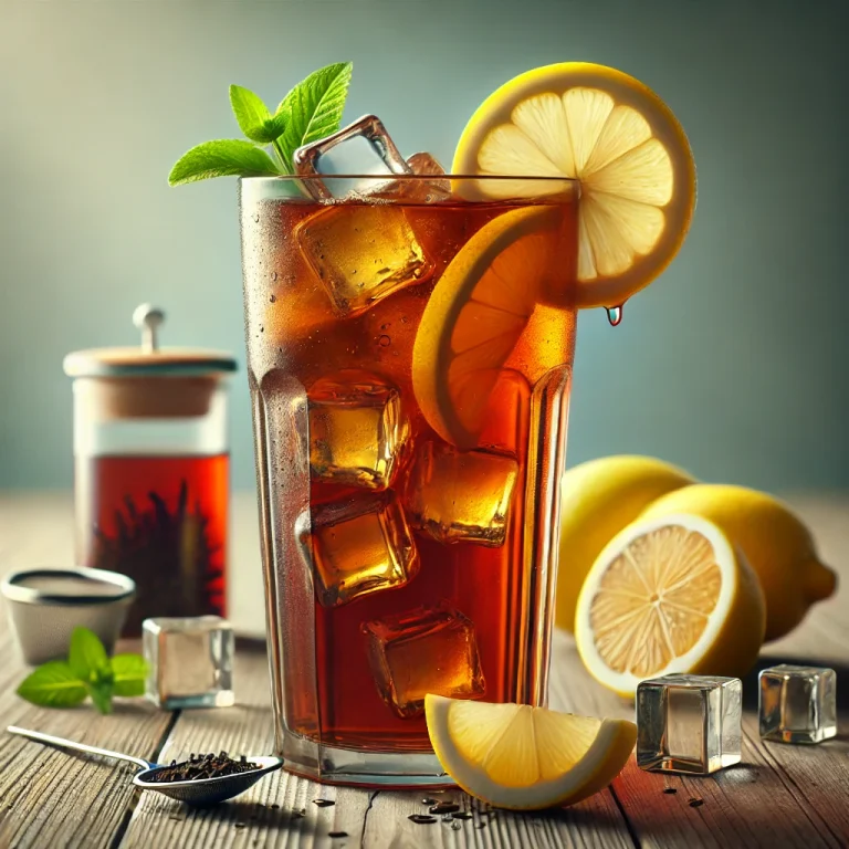 Fekete teás limonádé jégkockával és citromkarikával