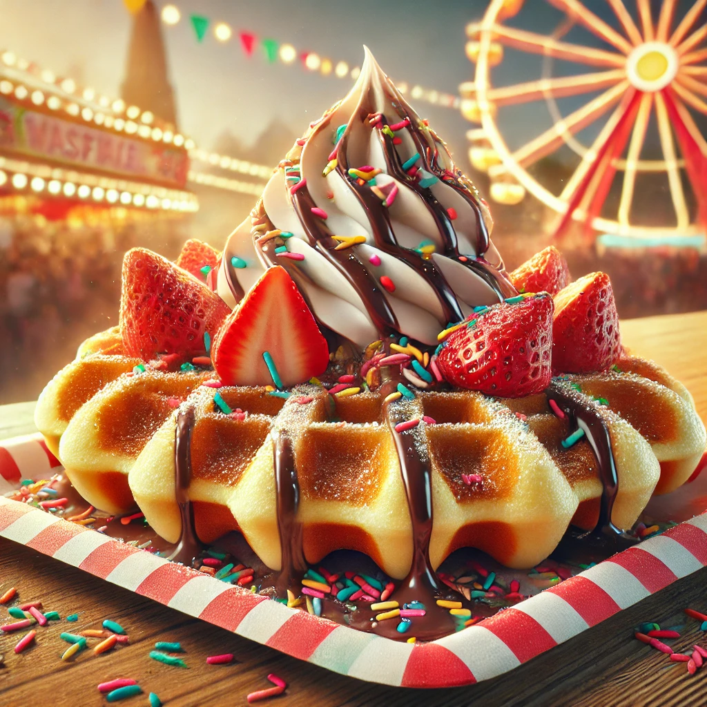 Csokoládéval, tejszínhabbal és cukorkával díszített gofri fesztivál stílusban