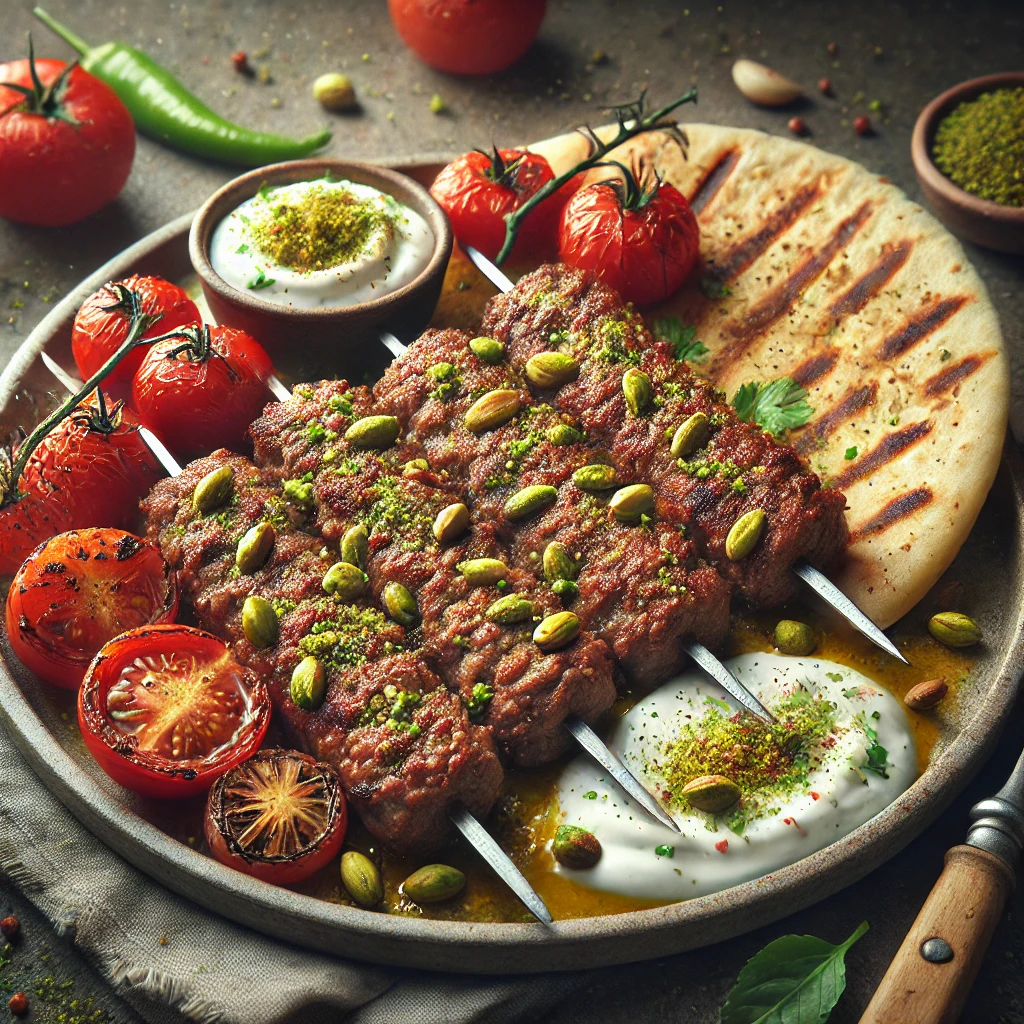 Autentikus török Fıstıklı Kebab grillezett bárányhússal és pisztáciával