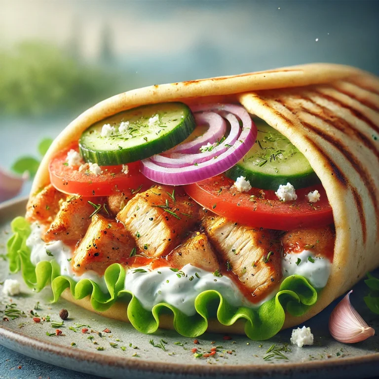 Fokhagymás gyros sült csirkével, friss zöldségekkel és fokhagymás tzatziki szósszal