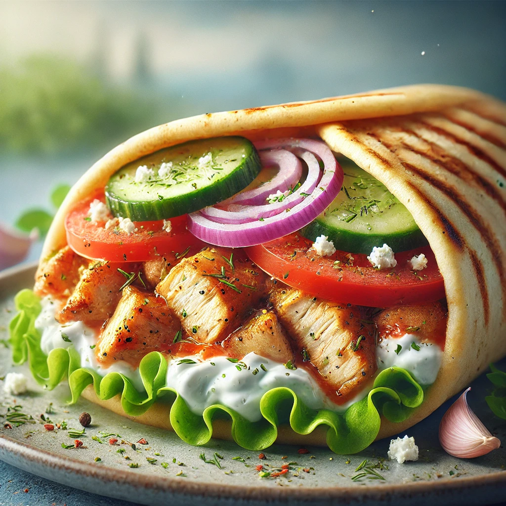 Autentikus görög fokhagymás gyros fűszeres csirkével, feta sajttal és fokhagymás tzatziki szósszal