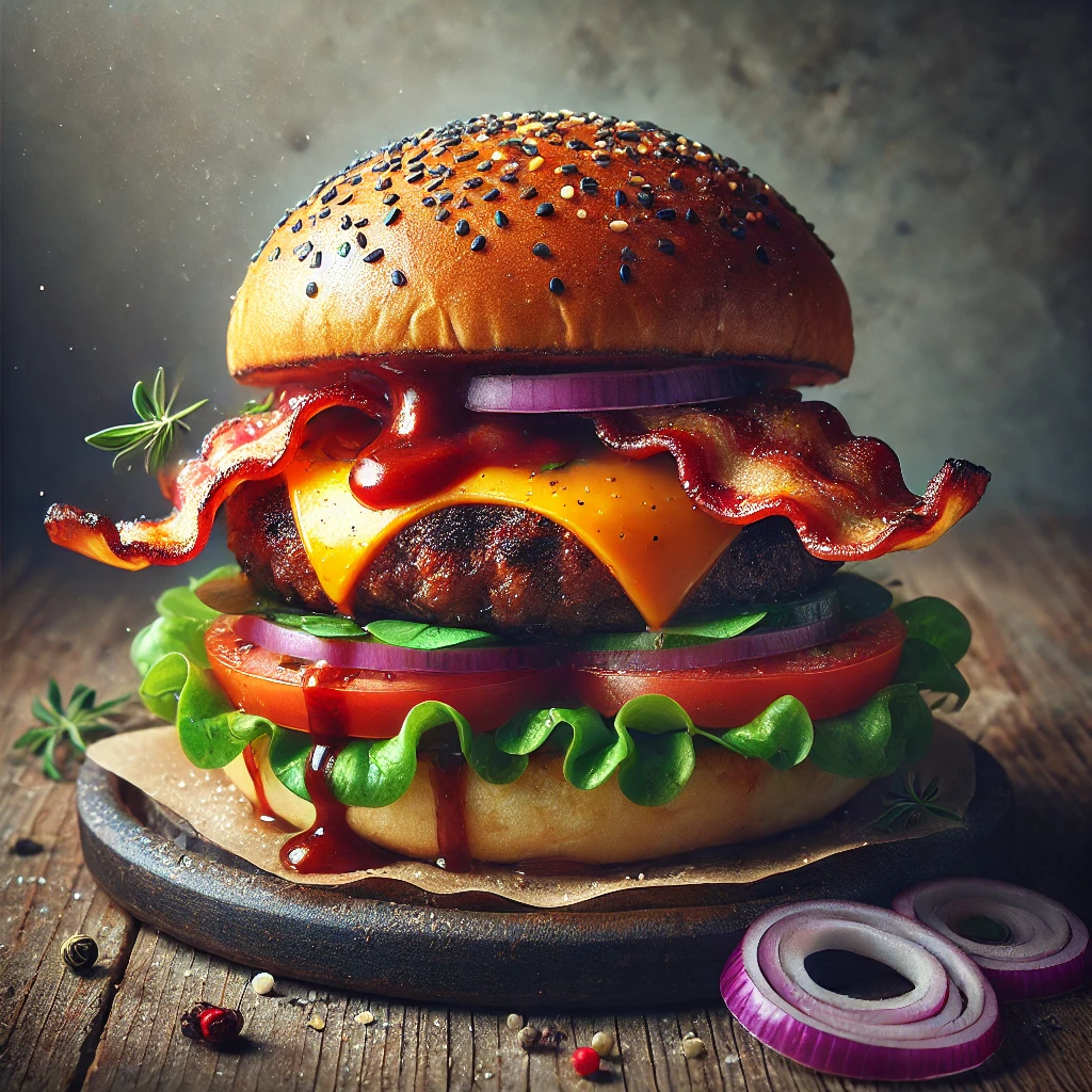 Intenzív ízvilágú hamburger füstölt cheddar sajttal és ropogós baconnel