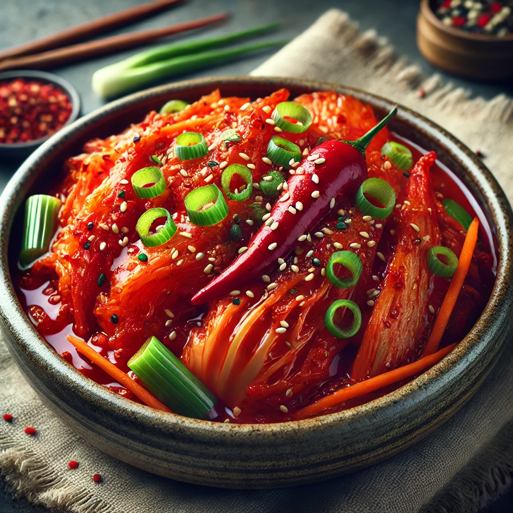 Koreai fermentált káposzta gochugaru chili pehellyel és szójaszósszal