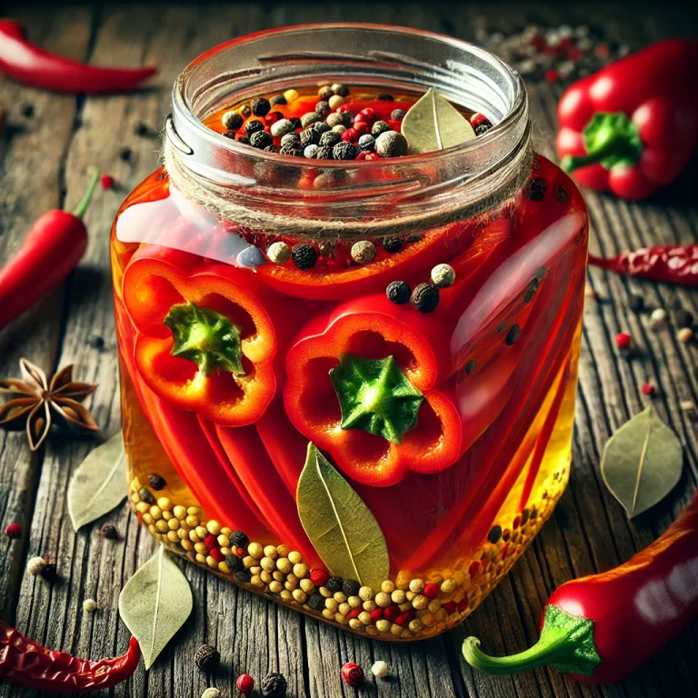 Fűszeres savanyított piros paprika csíkok üvegben tálalva