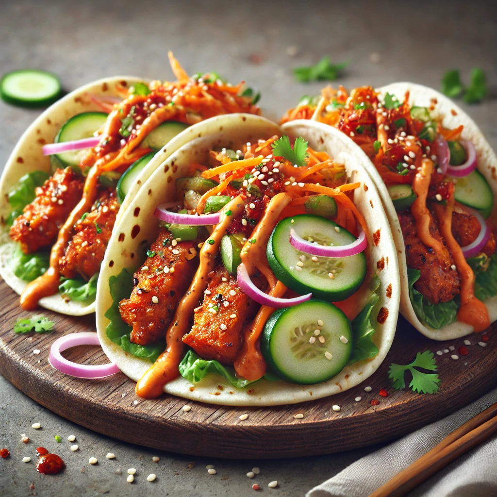 Koreai-mexikói fúziós taco pikáns csirkével és kimchivel