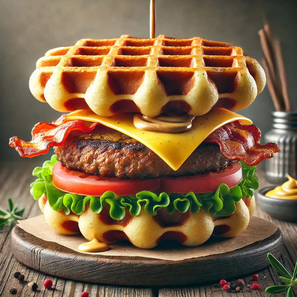 Egyedi és laktató burger gofrival, marhahús pogácsával és baconnel